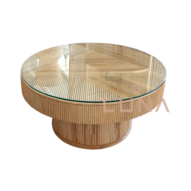 Fadil rattan coffee table with glass top, handcrafted in Bali