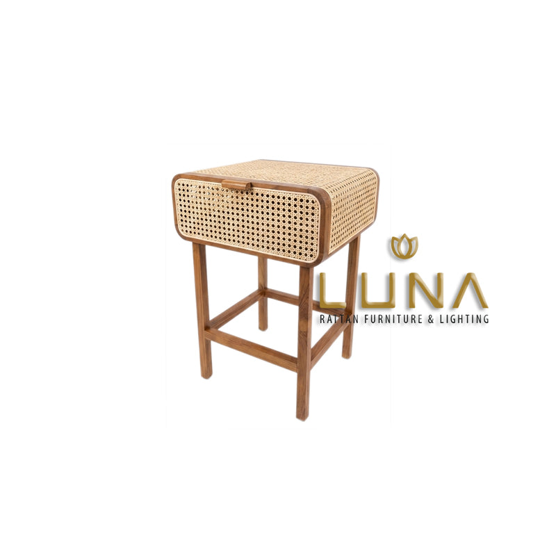 EZIO - Bedside Table - Teak Wood and Rattan Weaving