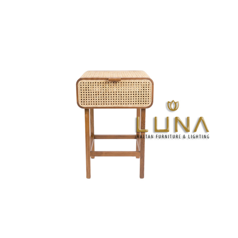 EZIO - Bedside Table - Teak Wood and Rattan Weaving