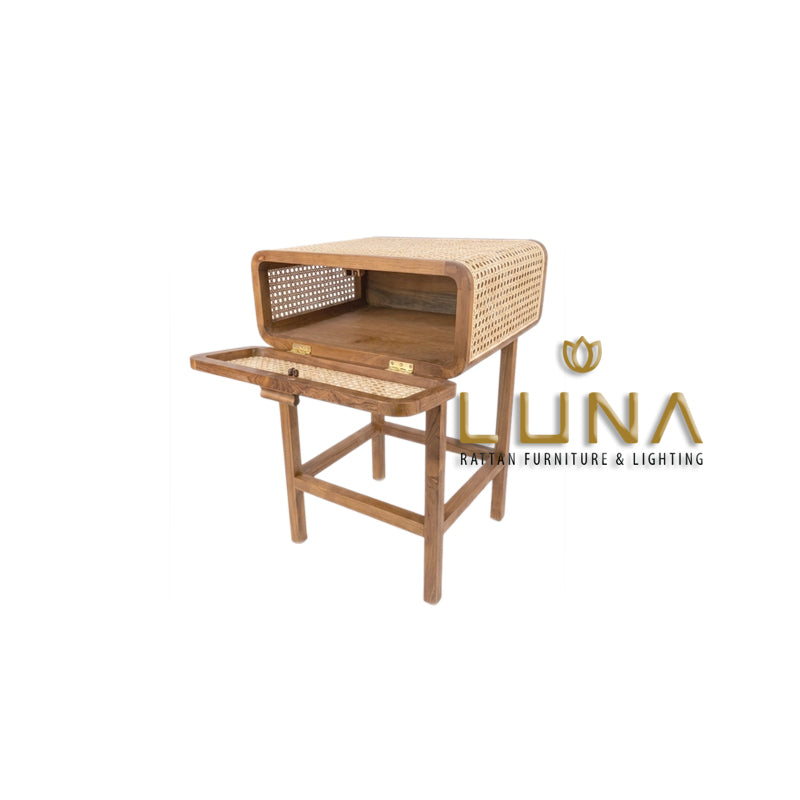 EZIO - Bedside Table - Teak Wood and Rattan Weaving