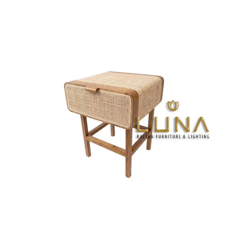 KUDA - Bedside Table - Teak Wood and Rattan Weaving
