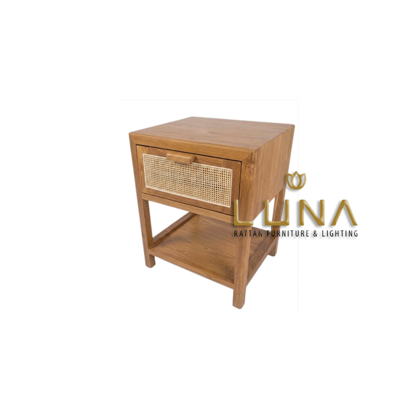 LANSUN - Bedside Table - Teak Wood and Rattan Weaving