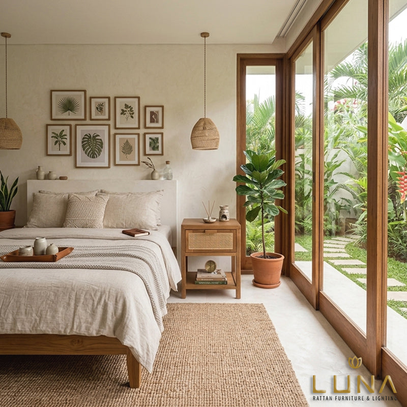 LANSUN - Bedside Table - Teak Wood and Rattan Weaving