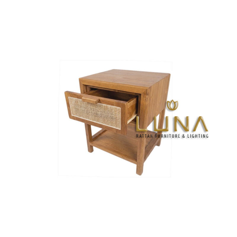 LANSUN - Bedside Table - Teak Wood and Rattan Weaving