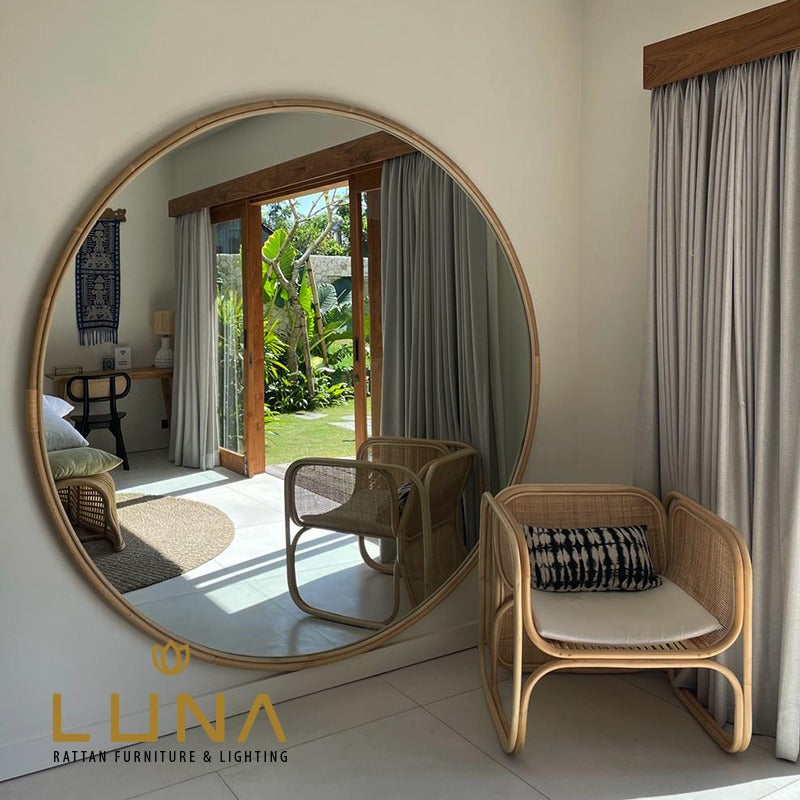 KAYLA - Round Rattan Mirror 200 cm - Natural or Black