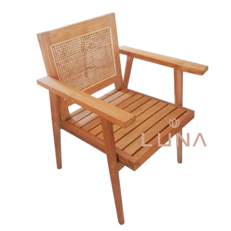 JOE - Wood Arm Chair with Rattan Weaving